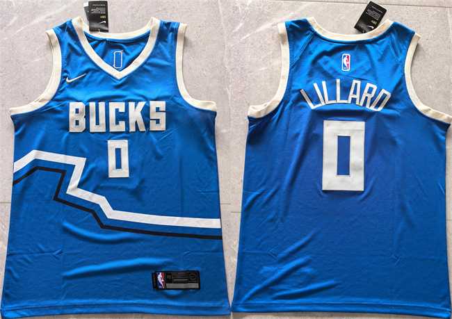 Men%27s Milwaukee Bucks #0 Damian Lillard Royal 2024 City Edition Stitched Basketball Jersey
